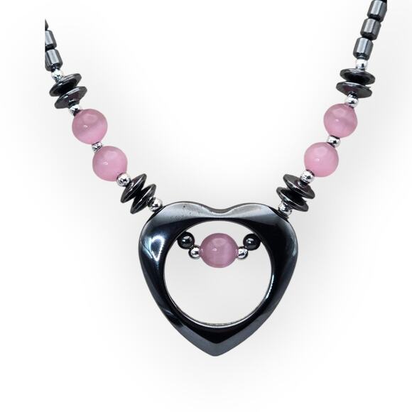 Pink Cat’s Eye & Hematite Heart Necklace Fairy Goth Coquette Dark Academia Y2K - Picture 3 of 7